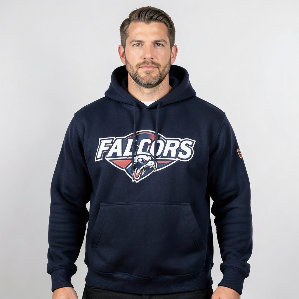 Male Air Force Falcons navy pullover hoodie shown on a clean studio background