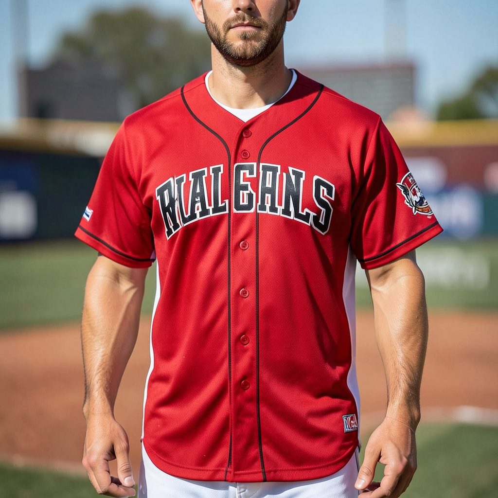 Male Arkansas Razorbacks cardinal NCAA baseball jersey displayed on a dark background