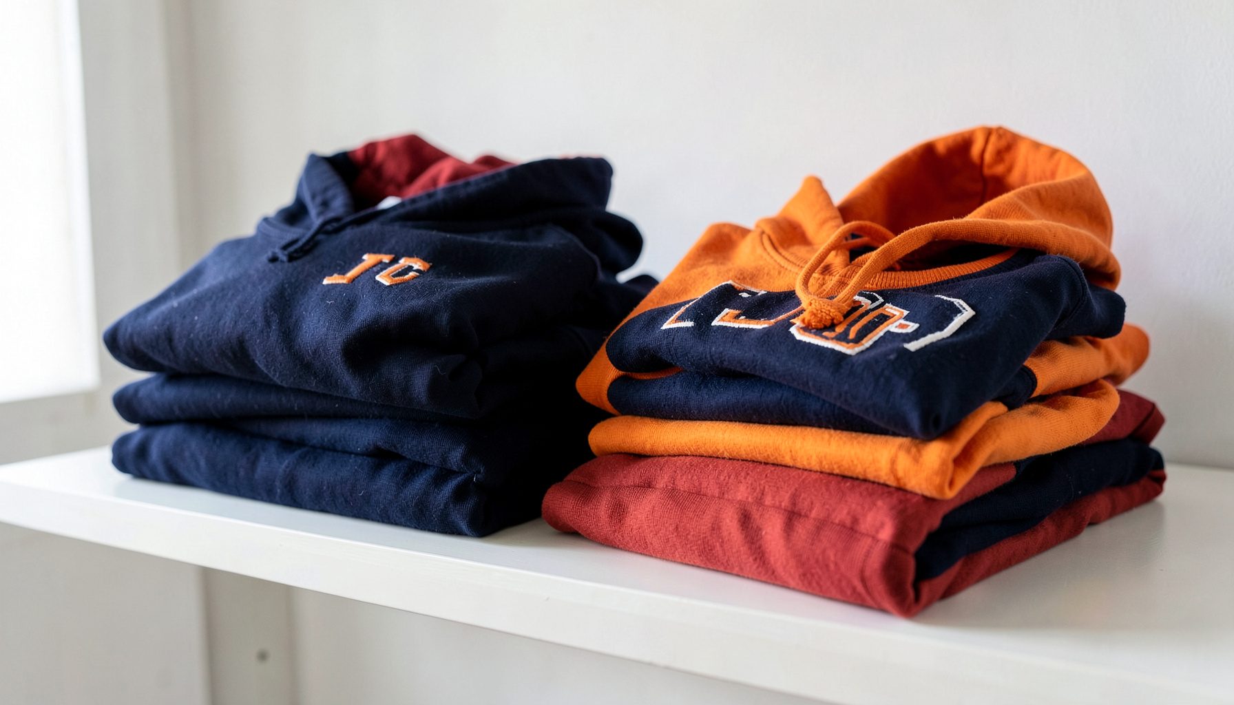 Stack of folded navy and orange college hoodies on a clean studio shelf with soft natural lighting